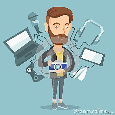 Young man surrounded with his gadgets. Vector Illustration