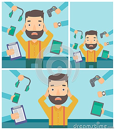 Young man surrounded with his gadgets. Vector Illustration