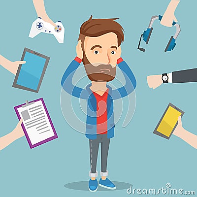 Young man surrounded with his gadgets. Vector Illustration