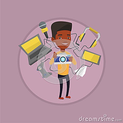 Young man surrounded with his gadgets. Vector Illustration
