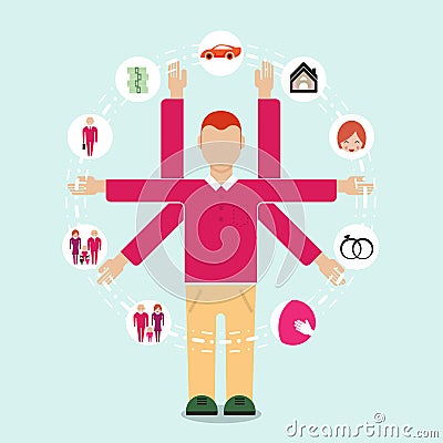 Young man symbol with his life plan in the futher. Vector Illustration