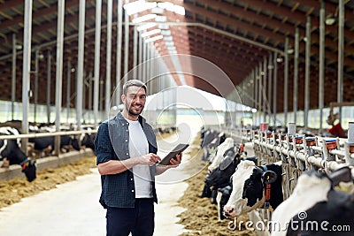 Young man with tablet pc and cows on dairy farm Stock Photo