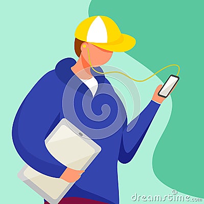 Young man with tablet watching smartphone screen flat vector illustration Vector Illustration