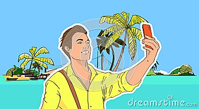 Young Man Take Selfie Photo Beach Sea Shore On Cell Smart Phone Tropical Summer Vacation Vector Illustration