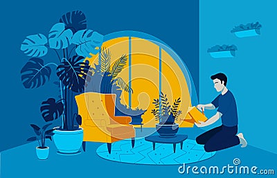 Young man taking care and watering ZZ plant with funnel at home garden. Indoor gardening hobby. Vector Illustration