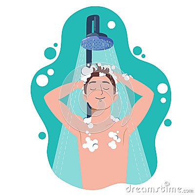 Young man taking shower in bathroom. Washes head, hair and body with shampoo and soap. Flat cartoon vector illustration Vector Illustration