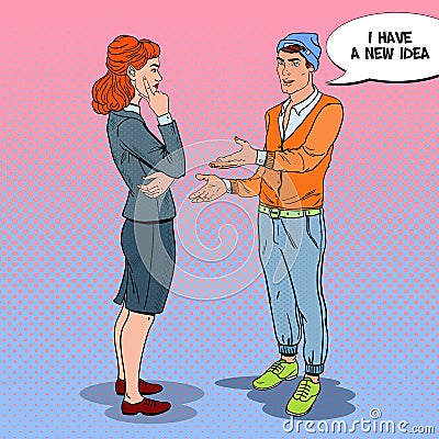 Young Man Talking with Business Woman in Office. Pop Art illustration Vector Illustration