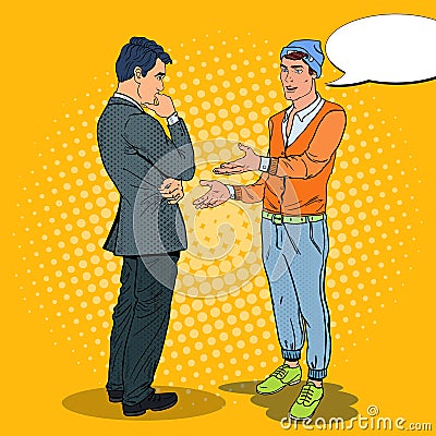 Young Man Talking with Businessman. Pop Art illustration Vector Illustration