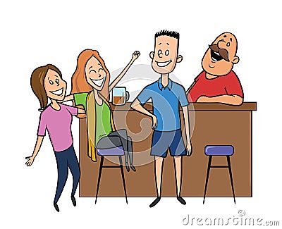 The young man talking to the girls at the bar. The bartender laughing. Vector illustration isolated on white background. Vector Illustration