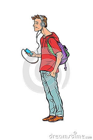 Young man teenager, headphones and smartphone Vector Illustration