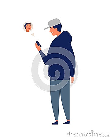 Young man or teenager wearing cap chatting online or texting on smartphone or mobile phone. Guy with gadget. Internet Vector Illustration