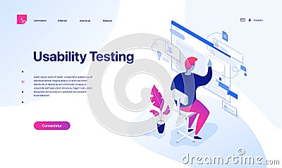 The young man is testing the interface and usability of the website and applications. Vector Illustration