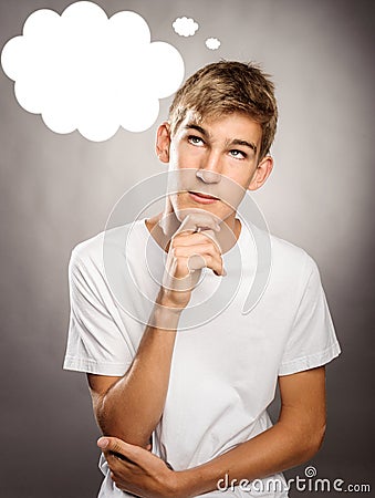 Young man thinking with a cloud over his head Stock Photo