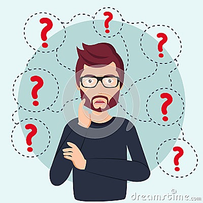 Young man thinking standing under question marks. Man surrounded by question marks concept. Flat vector illustration. Cartoon Illustration