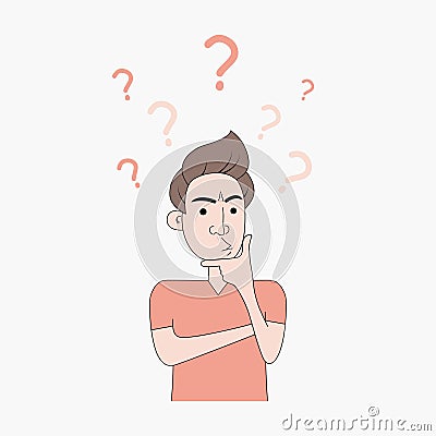 A young man thinks by applying a finger to his chin. Male is thinking with question mark and troubled expression. Vector. Vector Illustration