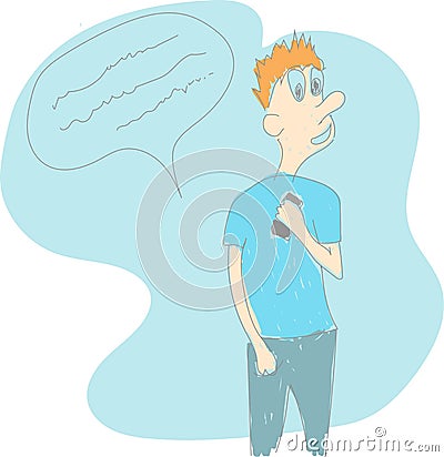 Young man with thoughts or message on white background, . Hand drawing Stock Photo