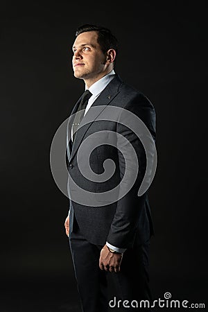 Young man three piece suit business businessman handsome, lifestyle confidence happy. Seller boy, success lonely Stock Photo