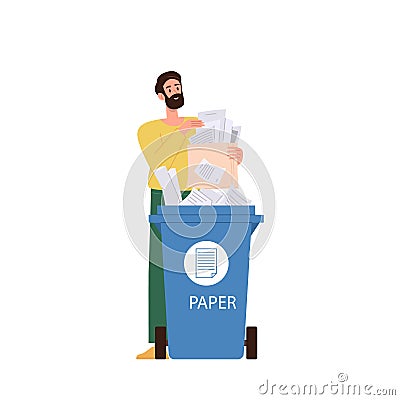 Young man throwing out paper trash waste into special garbage tank isolated on white background Vector Illustration