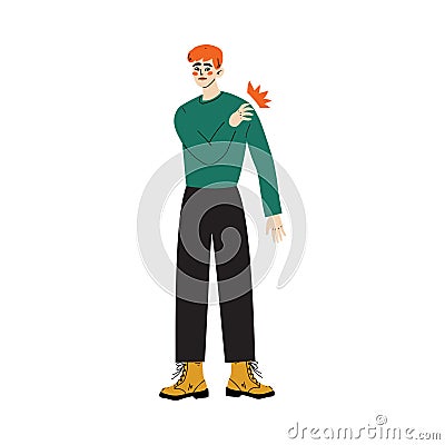 Young Man Touching His Shoulder, Guy Feeling Pain in Body Caused By Illness or Injury Vector Illustration Vector Illustration