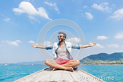 Young Man Tourist Sail Long Tail Thailand Boat Ocean Sea Vacation Travel Trip Stock Photo