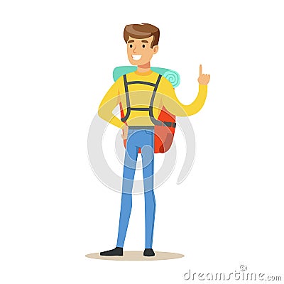 Young man tourist standing with backpack colorful cartoon character vector Illustration Vector Illustration