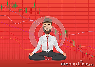 Young man trader meditating under falling crypto or stock market exchange chart. Business trader, finance stock market Vector Illustration