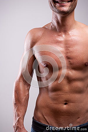 Young man trained topless with abs Stock Photo