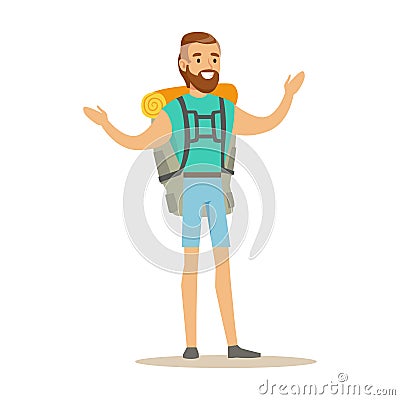 Young man traveler standing with backpack. Summer camping colorful cartoon character vector Illustration Vector Illustration