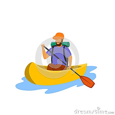 Young man traveling paddling canoe isolated vector Vector Illustration