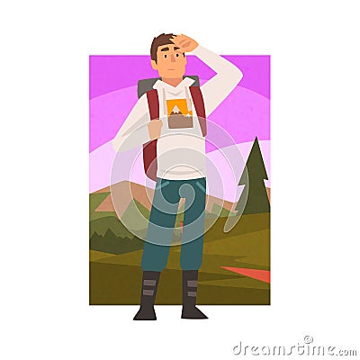 Young Man Travelling with Backpack, Male Traveller Looking into Distance in Summer Mountain Landscape, Outdoor Activity Vector Illustration