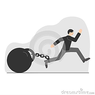 A young man tries to escape with a huge weight on a chain. A symbol of limiting beliefs. Life restrictions. Vector illustration Cartoon Illustration