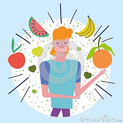 Young man with tropical fruits nutrition healthy life Vector Illustration