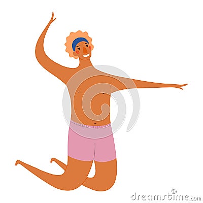 Young man in trunks playing beach volleyball cute cartoon character illustration. Vector Illustration