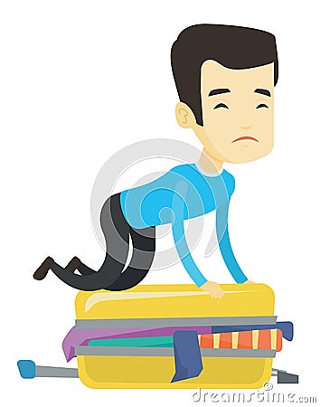 Young man trying to close suitcase. Vector Illustration