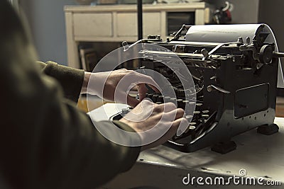 Man Using Typing Retro Typewriter Machine Work Writer Stock Photo