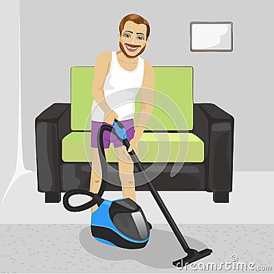 Young man in underwear cleaning carpet with vacuum cleaner at home Vector Illustration