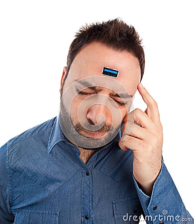 Young man with usb port implanted in the brain. Stock Photo