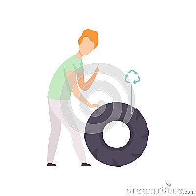Young man with used rubber tire, people gathering, sorting garbage for recycling vector Illustration on a white Vector Illustration