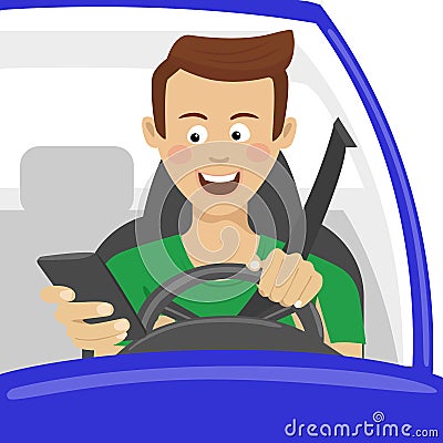 Young man using his smartphone behind the wheel. Problem addiction danger concept Vector Illustration