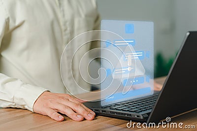 Young man using laptop computer chatting with triangle caution warning sign for notification error concept. Stock Photo