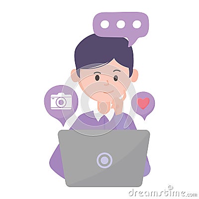Young man using laptop different apps social network communication and technologies Vector Illustration