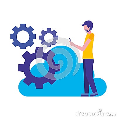 Young man using mobile gears cloud computing Vector Illustration