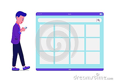 Young man using smartphone with blank website page. Vector Illustration