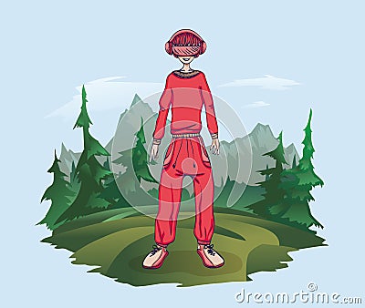 A young man in virtual reality glasses in nature, vector illustration. Vector Illustration