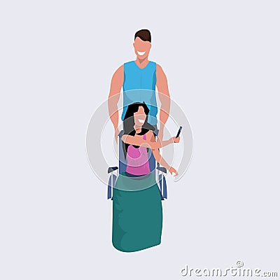Young man volunteer pushing woman sitting in wheelchair guy strolling assisting girl disabled people concept flat full Vector Illustration