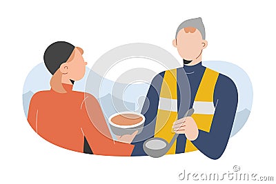 Young man volunteering, serving hot meal, soup with spoon, volunteer wearing reflective vest helping refugees, charity Vector Illustration