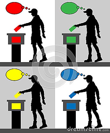 young man voter silhouettes with different colored thought bubble by voting for election Vector Illustration