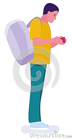 Young man is waiting at the airport for his flight. White background. Vector illustration in a flat cartoon style Vector Illustration