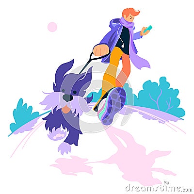 Young man walk the dog Vector Illustration