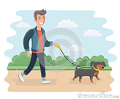 Young man walking dog. Modern flat illustration. Vector Illustration